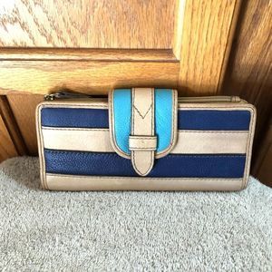 🔴Fossil Blue Striped Leather Bi-Fold Wallet